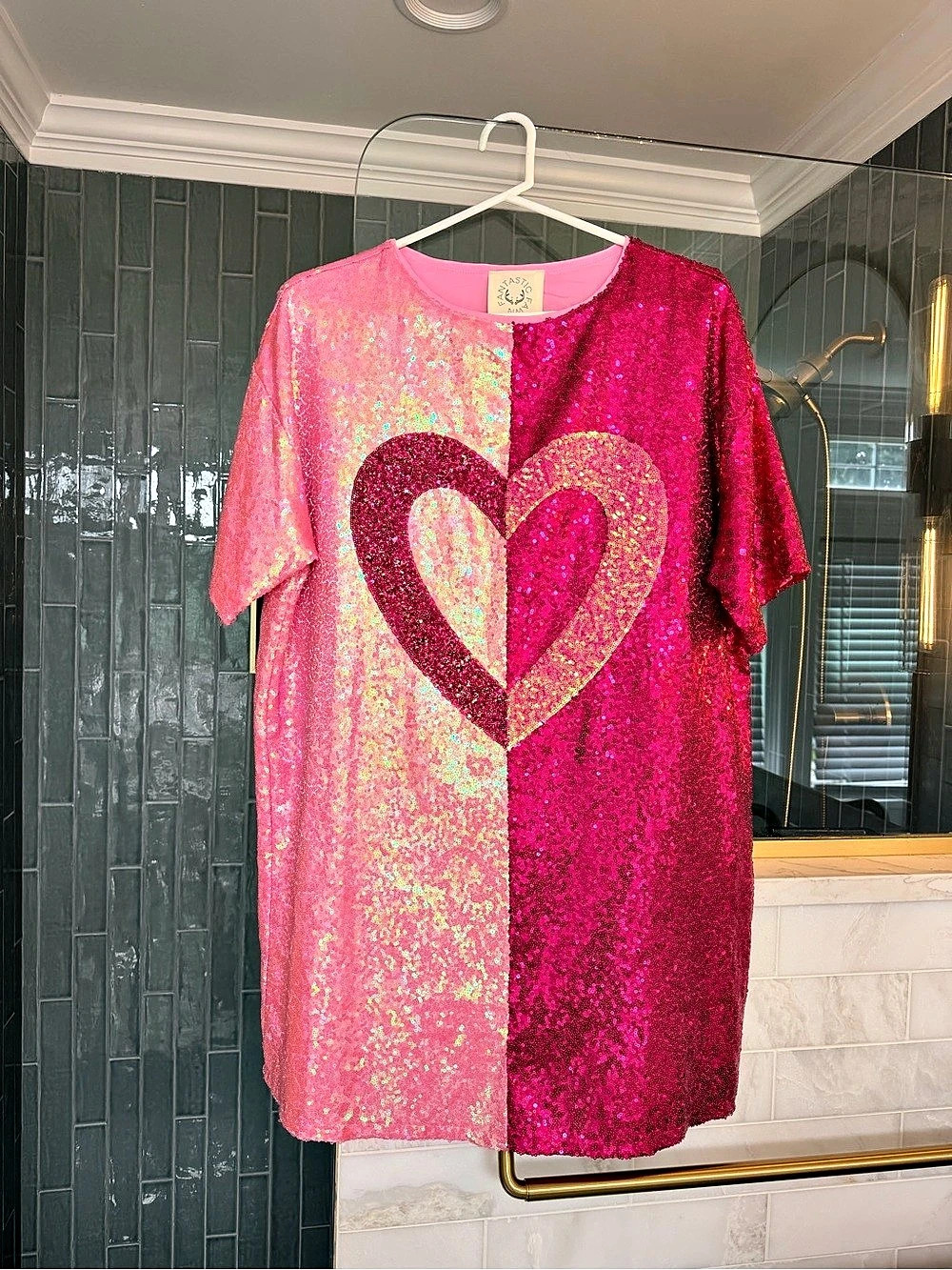Fantastic Fawn Sequin Color Block Heart Mini Dress in Pink Size Small Like New